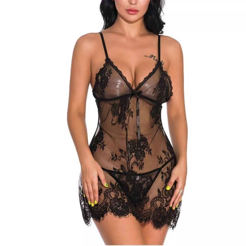 Sexy Lingerie Babydoll Lace Dress Women Eyelash Open Back Sleepwear G-string US